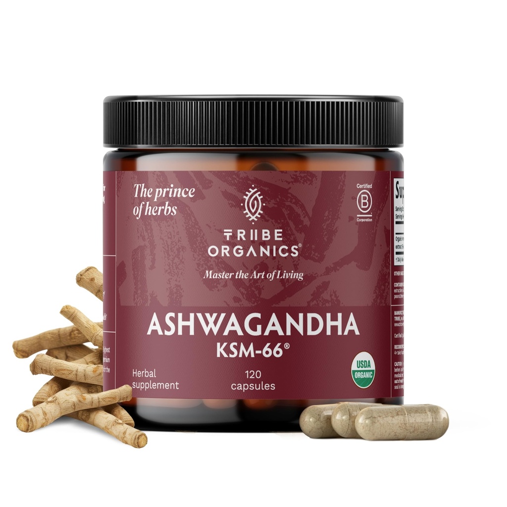 TRIBE ORGANICS Ashwagandha KSM 66 Pure Organic Root Powder Extract Ayurvedic Supplement - Focus, Mood Support, Forøg energi, Styrke, 600 mg naturlig KSM66 for Superior Absorption - 120 kapsler