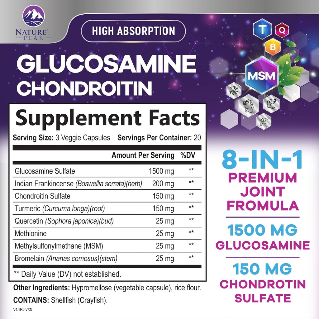 Glucosamin Chondroitin MSM Joint Supplement 2100mg - med Glucosamin Sulfate, gurkemeje, Boswellia, Quercetin & bromelain - Naturens ekstra styrke fleksibilitet, mobilitet og fælles støtte, 60 kapsler