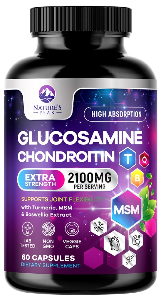 Glucosamin Chondroitin MSM Joint Supplement 2100mg - med Glucosamin Sulfate, gurkemeje, Boswellia, Quercetin & bromelain - Naturens ekstra styrke fleksibilitet, mobilitet og fælles støtte, 60 kapsler