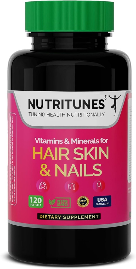 Hår Hud og Negle Vitamins- Biotin & Collagen Formel med B Vitamin, Zink & Selen - fremmer hårstyrke, hud hydrering & negl sundhed - 120 Softgels