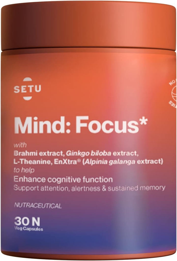 SETU Mind Focus Capsules Note 124; Brahmi, Ginkgo biloba, Ashwagandha og L- Theanine Note 124; 30 Caps (pakke med 1)