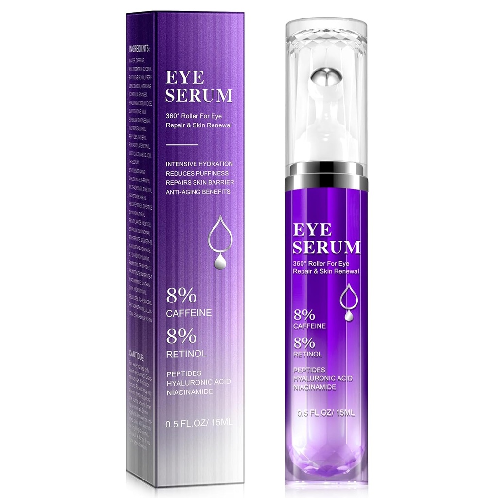 Under Eye Roller Serum - 8% Koffein & 8% Retinol Eye Cream til mørke cirkler, Puffiness og tasker, Puffy Bags Fine Lines Wrinkles, 360 ° Massage Ball Cream, Hyaluronic Acid Serum til mænd og kvinder