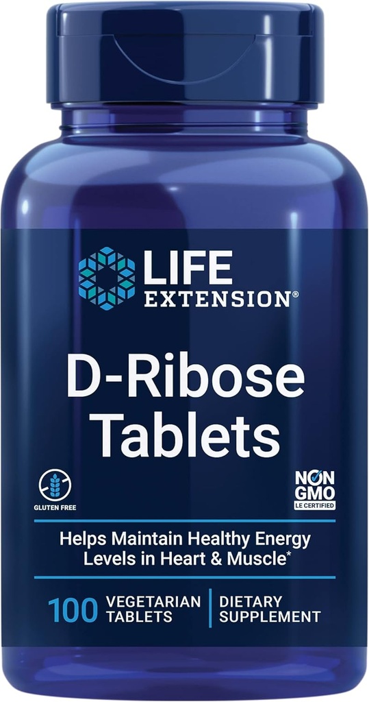 Life Extension D- Ribose Tablets, Plus Calcium, Hjælper med at opretholde sunde energiniveauer i hjerte og muskel, fremmer produktionen af ATP, Gluten- Free, Non- GMO, Vegan, 100 Vegetariske tabletter