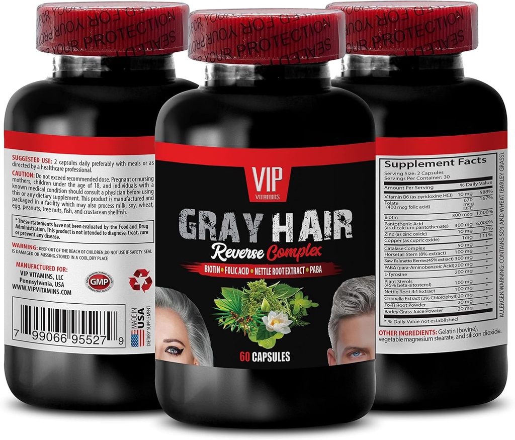 VIP VITAMINS Hair Supplement - Gray Hair Reverse Complex, Biotin, folic Acid, Nettle Root - Saw Palmetto Extract, 1 Bottle (60 Capsules)