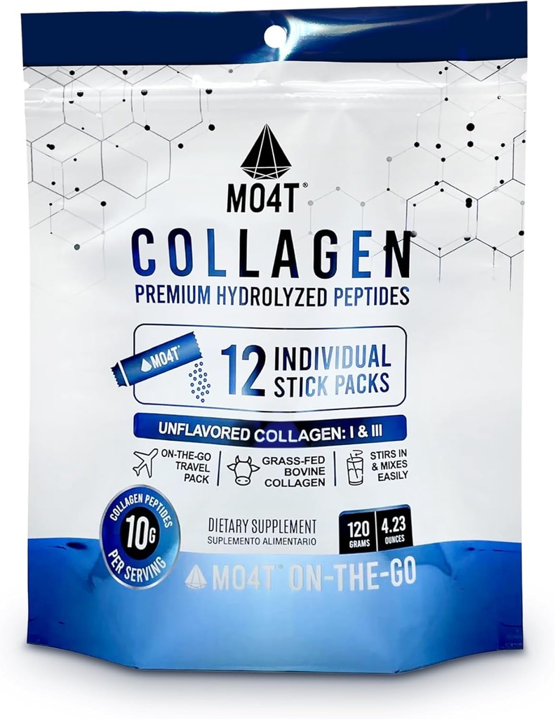 Hydrolyseret collagen peptider - Collagen Travel Packets - Grass- Fed- Unflavored, -Bærbart collagen pulver til joints, hår, hud & negle -12 Sachels - Collagen Stick Packs
