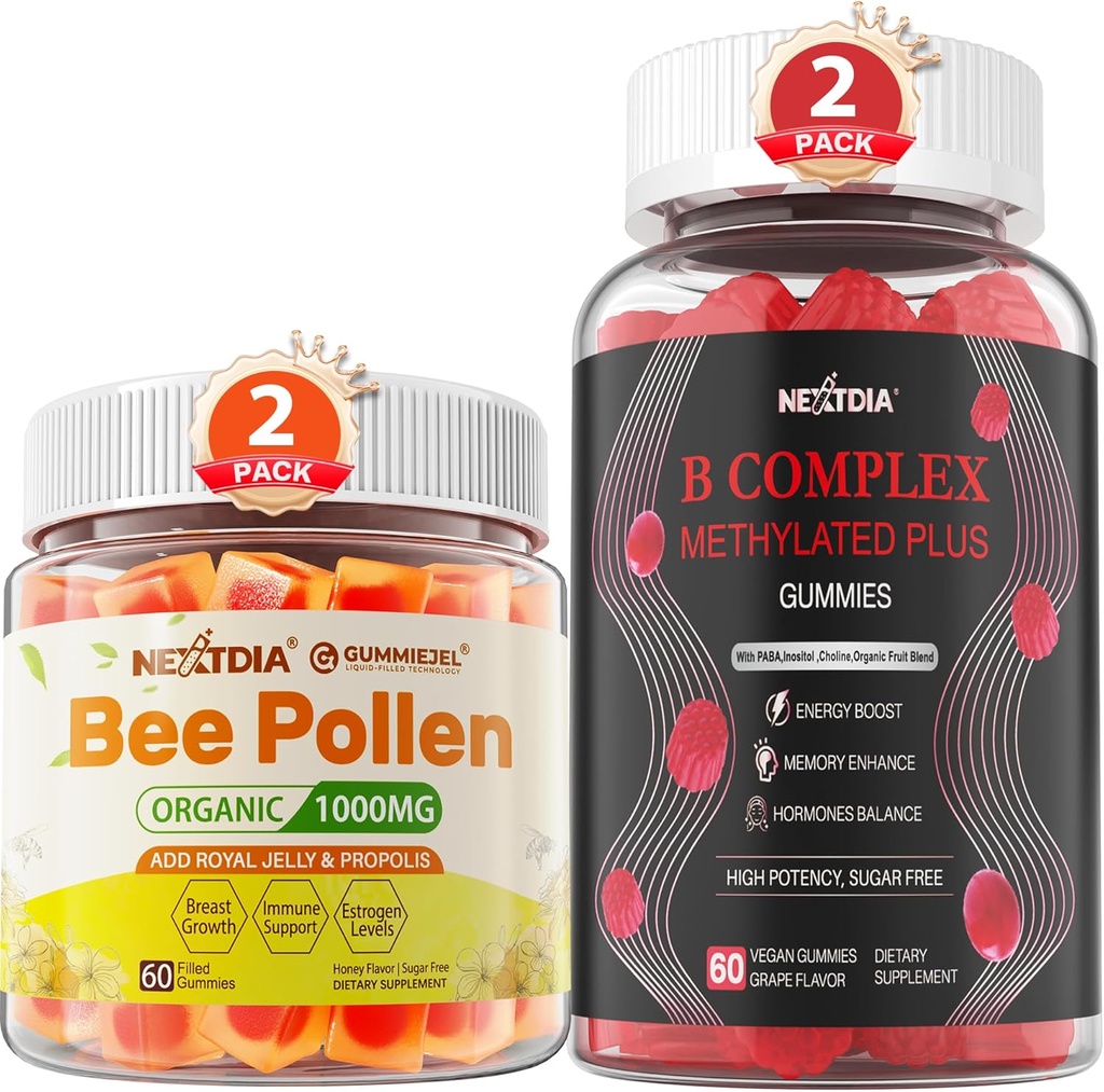 Bee Pollen til Breast Growth Organic 1000mg + Vegan Super Methylerede B Complex Vitamin Gummies til kvinder