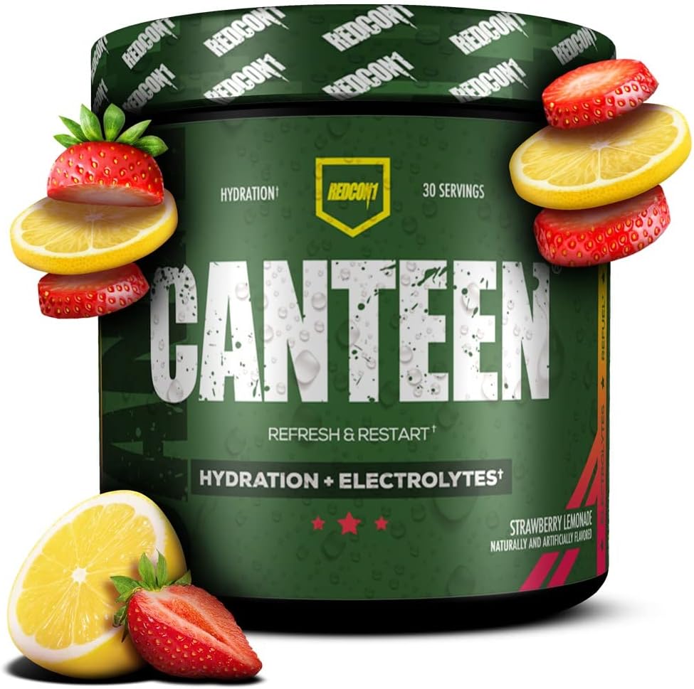 REDCON1 Canteen Hydration + Electrolytes, Strawberry Lemonade - Electrolyte Drink Powder med B Vitamin + Minerals for Recovery - kokos vand pulver & hyaluronsyre til hydrering (30 Servere)