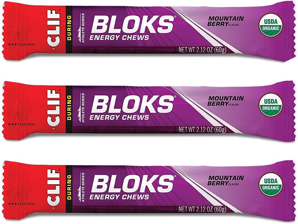CLIF BLOKS - Energy Chews - Mountain Berry - Non-GMO - Plant Based Food - Fast Fuel for Cycling and Running -Workout Snack(2.1 Ounce Packet, 3 Count)