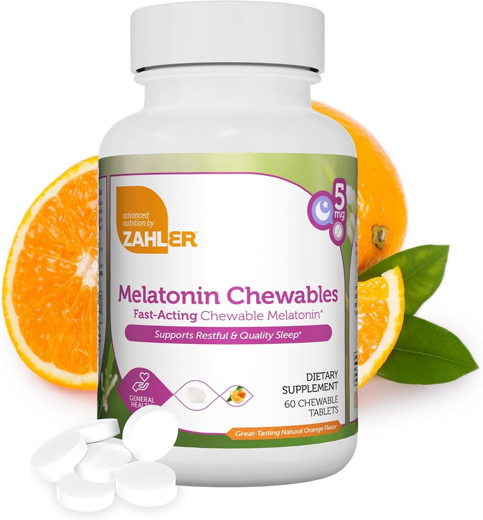 Zahler Melatonin 5mg Tablets - Fast-Acting Chewable Melatonin 5 mg Tablets - Delicious Orange Flavor - Supports Restful and Quality Sleep - Kosher Non GMO Made in USA Dietary Supplement, 60 Count