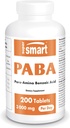 Supersmart - PABA Supplement 3000mg per dag (para- AminoBenzoesyre) - Natural B Complex Vitamin - Vand Opløselig PABA - 124; Non- GMO & Gluten Free - 200 Tabletter