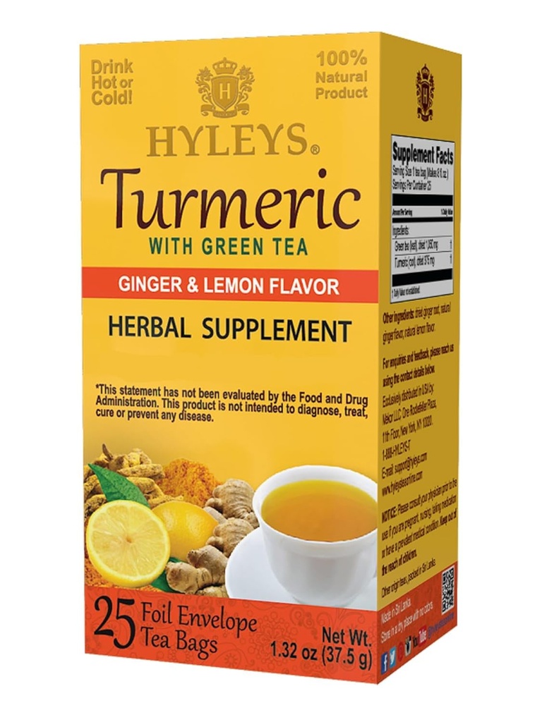 Hyleys Ginger Gurkemeje Tea Lemon Flavor - 25 Tea Tasker (12 Pack - 300 Tea Tasker i alt) - Wellness Herbal Supplement Green Tea