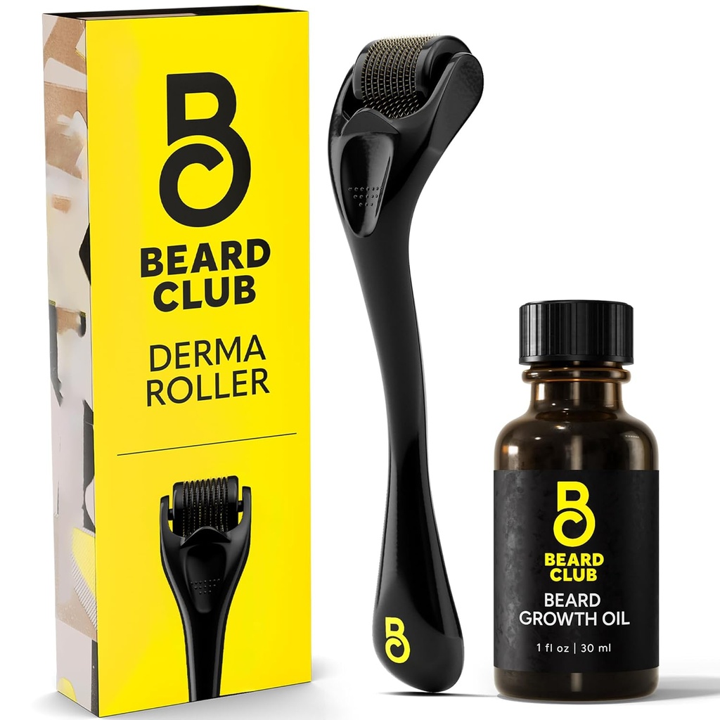 The Beard Club Derma Roller & Beard Growth Oil til ansigt, krop og skalp Mikroneedling Roller til mænd og kvinder med 540 Titanium Mikroneedles - Beard Roller til hår & skæg