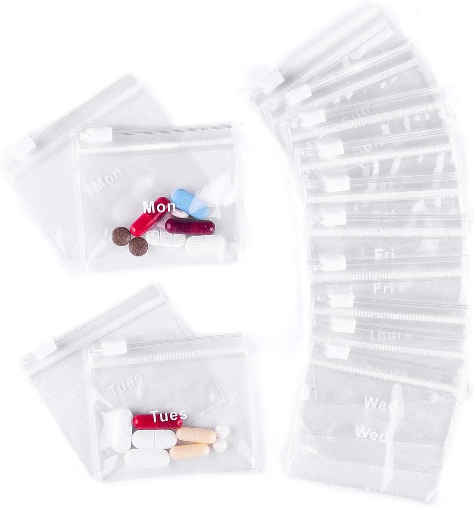 Genanvendelige piller Pouches for Medicine med Slide Locked 124; (14 Greve) 3 "Bred ved 2,75" Tall mærket Monday- Sunday Pill Tasker Medicine 124; EVA Grade Plastic til piller og vitaminer