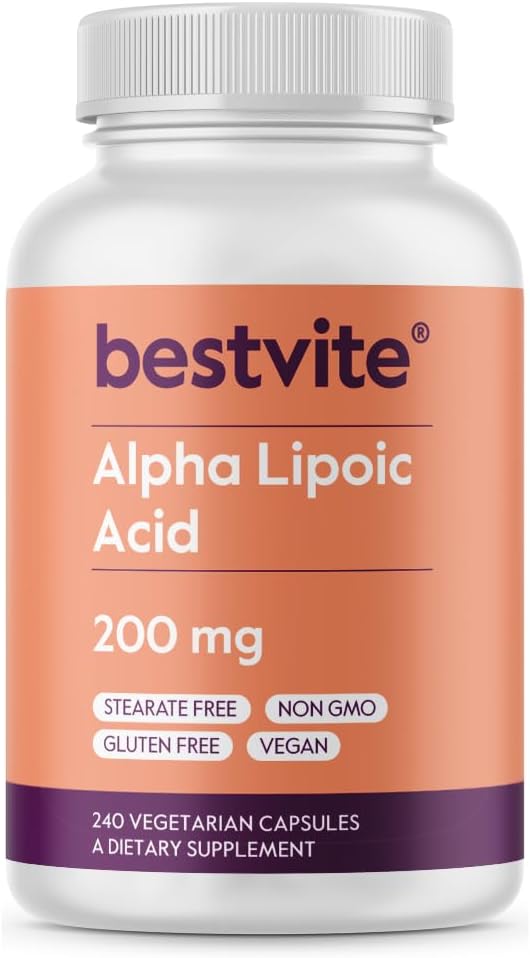BESTVITE Alpha lipoinsyre 200mg (per kapsel) (240 Vegetariske kapsler) - Ingen stearater - Vegan - Gluten Free - Ikke GMO