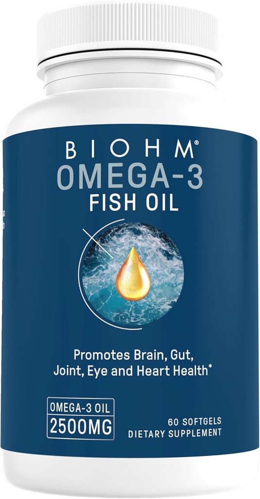 BIOHM Omega-3 Fish Oil (2500mg, 60 Softgels) High Potency 860mg EPA & 630mg DHA, Omega 3 Fedtsyretilskud til støtte for hjerne, fælles, øje, lever og tandkød sundhed, bæredygtigt sømmet