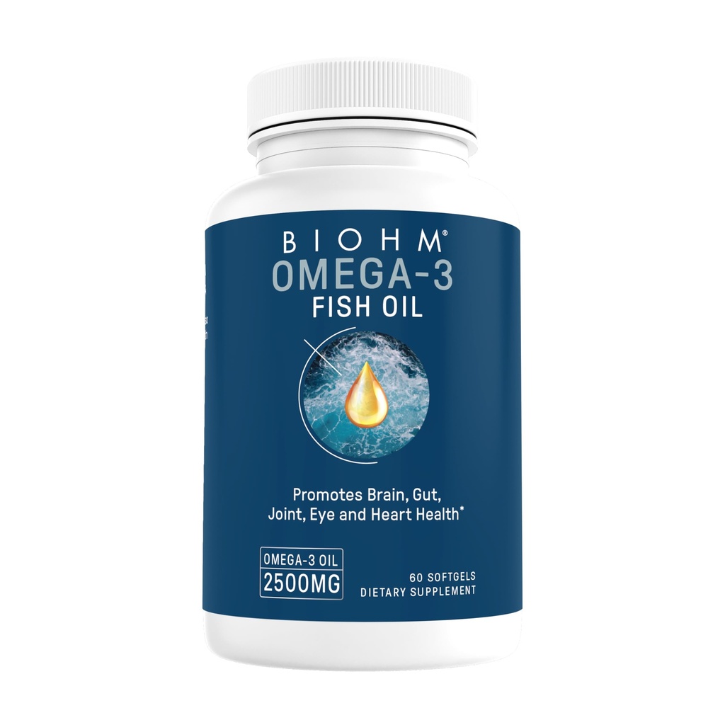 BIOHM Omega-3 Fish Oil 2500mg, 60 Softgels, High Potency 860mg EPA & 630mg DHA, Omega 3 Fatty Acid Supplements to Support Brain, Joint, Eye, Liver & Gut Health, Sustainably Sourced