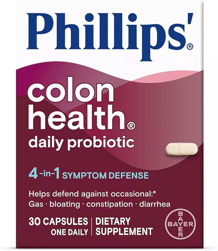Phillips 'kolon sundhed daglige probiotiske kapsler, 4-in-1 - symptom forsvar for at hjælpe med at forsvare sig mod lejlighedsvis gas, Bloating, Forstoppelse, og Diarré, Dagligt tillæg, 30 Greve