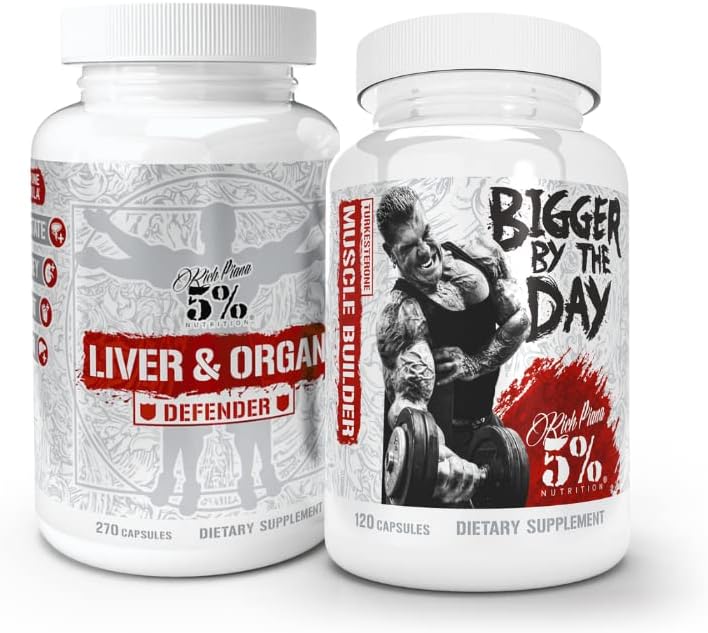 5% Nutrition 2-Stack; Lever & organ Defender med NAC + BiggerByTheDay; Lever, Nyre, & Heart Support + Anabolske Muscle Builder, Hardcore Lean Mass Gainer med Turkesteron, HICP, L- Leucin