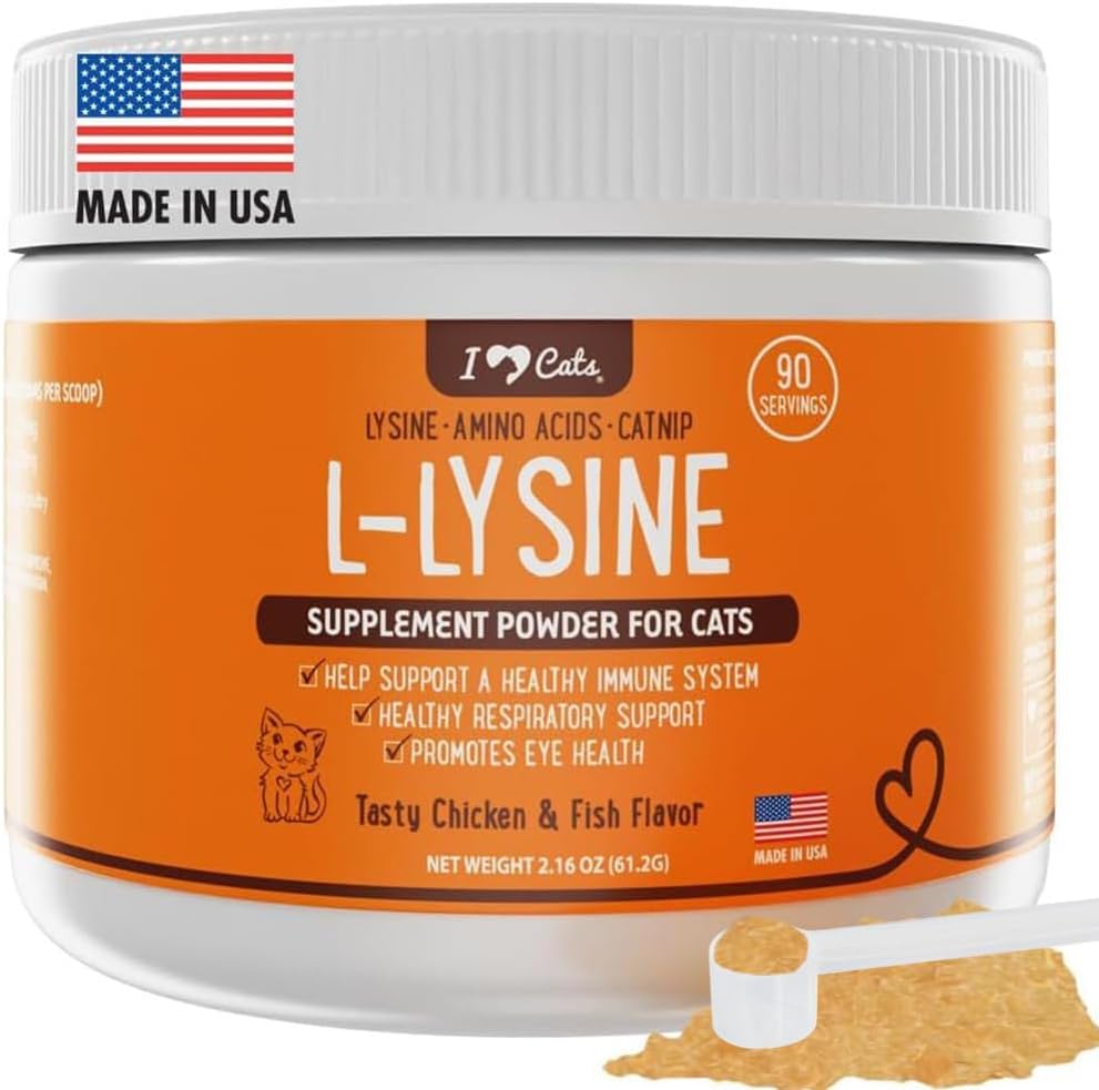 iHeartCats L- Lysin til katte - immun- og luftvejstilskud til katte - Kat nysen & Runny Næse Relief - L- Lysin Pulver med kat Nip - Kylling & Salmon Flavor
