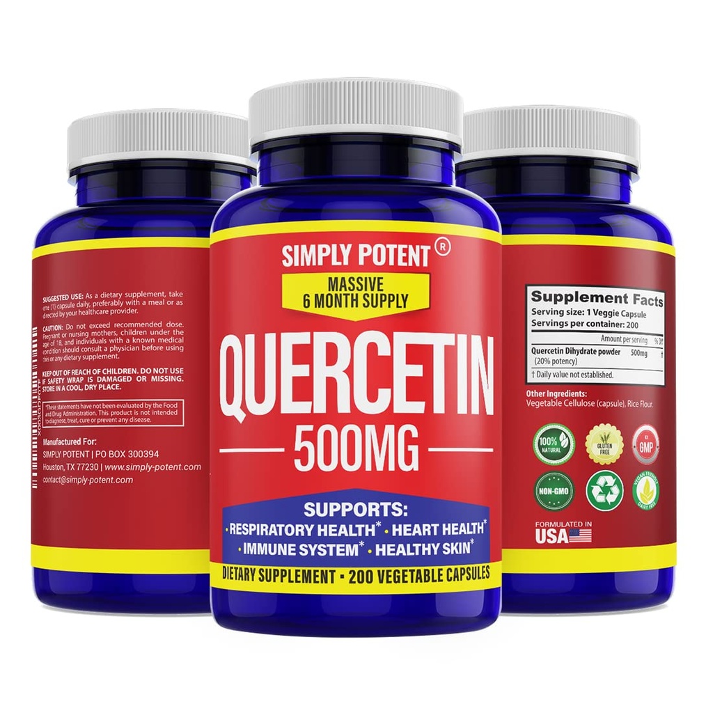 Simply Potent Quercetin Kosttilskud, Quercetin 500 mg 200 kapsler, 2 X Quercetin 250 mg Phytosome Bioflavonoid Antioxidant Vegan Gluten Free Pills to Support Sunde Cellulær hjerte & immunfunktioner