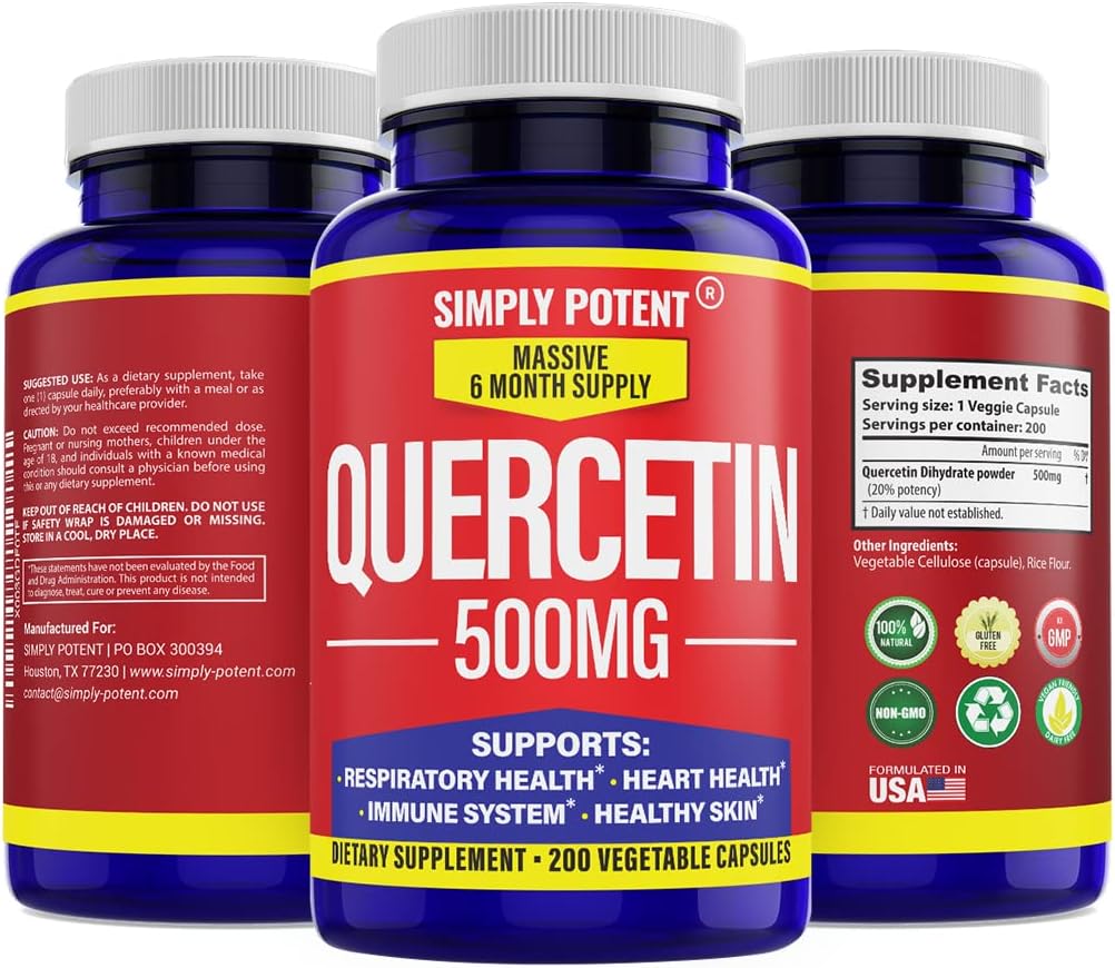 Simply Potent Quercetin Supplements, Quercetin 500mg 200 Capsules, 2 X Quercetin 250mg Phytosome Bioflavonoid Antioxidant Vegan Gluten Free Pills to Support Healthy Cellular Heart & Immune Functions