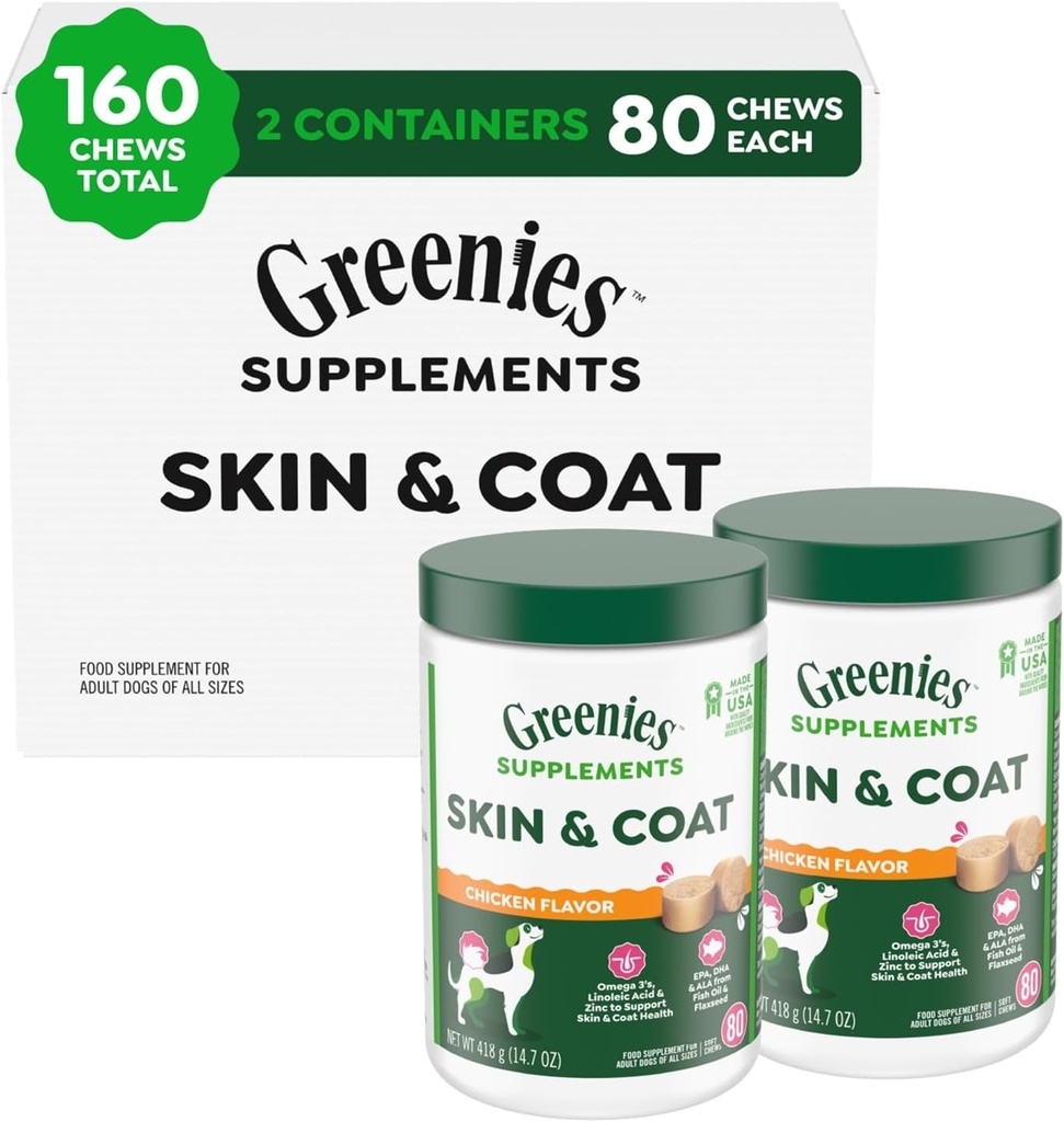 Gødning Kosttilskud Hund Skin og Coat Kosttilskud med Fish Oil & Omega 3 Fedtsyrer, Kylling Flavor, 80- Count Tub, pakke med 2