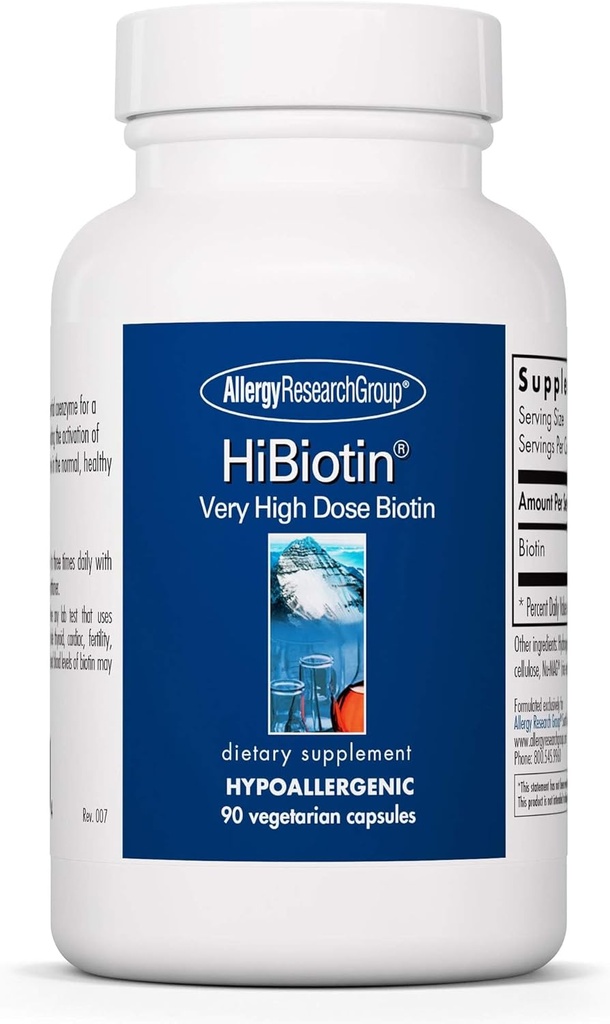 Allergy Research Group HiBiotin Supplement - Ekstra styrke Biotin piller, Vegetariske kapsler, Hypoallergen, Gluten Free - 90 Greve