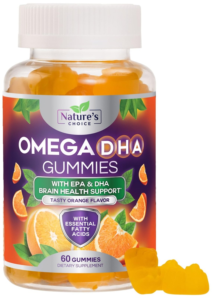 Omega 3 Fish Oil Gummies - Triple Strength Omega3 Gummy - DHA & EPA Fedtsyrer til hjerte sundhed, Joint & Brain Support, Nature 's High Absorption Omega Fish Oil Supplement, Orange Flavor - 60 Gummies