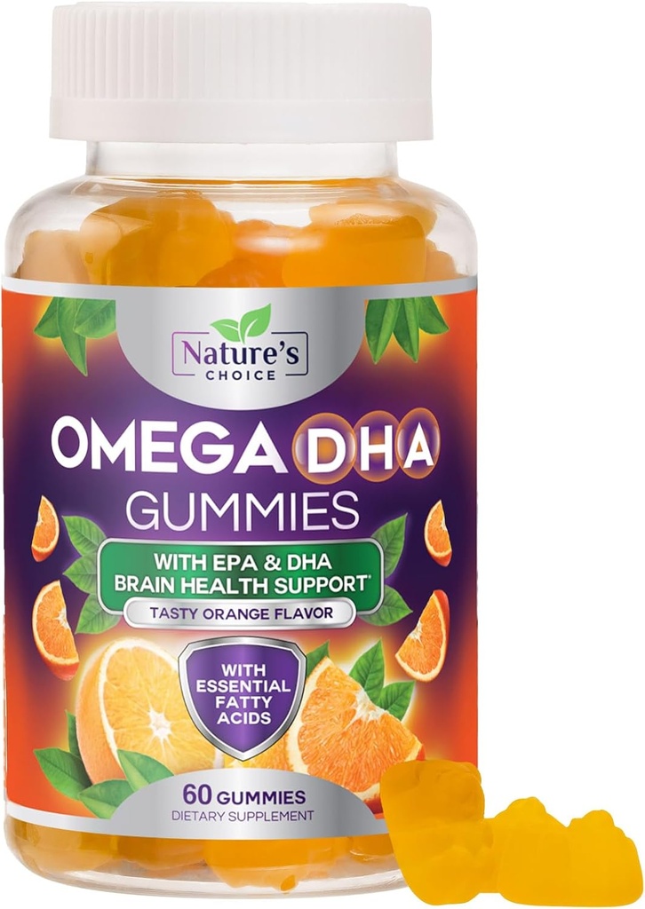 Omega 3 Fish Oil Gummies - Triple Strength Omega3 Gummy - DHA & EPA Fedtsyrer til hjerte sundhed, Joint & Brain Support, Nature 's High Absorption Omega Fish Oil Supplement, Orange Flavor - 60 Gummies