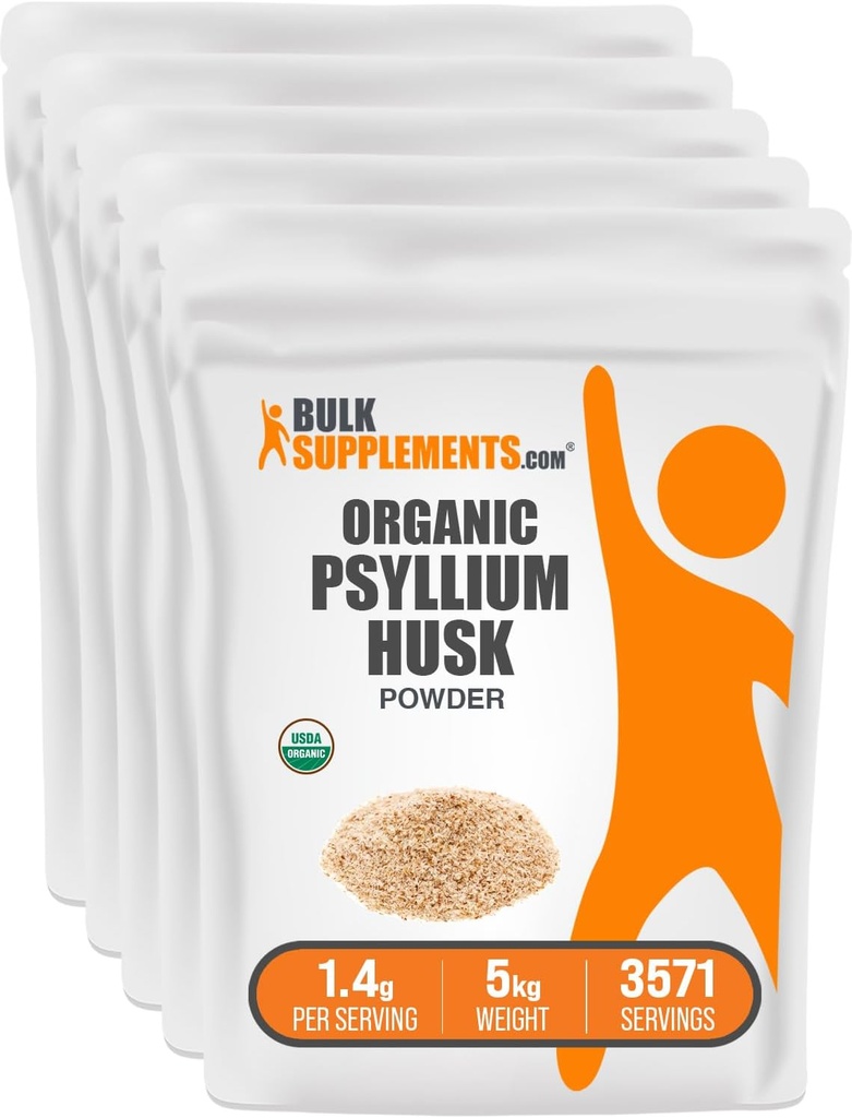 BulkSupplements.com Organic Psyllium Husk Powder - Psyllium Husk Powder for Bagning, Fiber Supplement - Gluten Free, 1,4 g per Serving, 1kg (2,2 lbs) (Pack of 5)