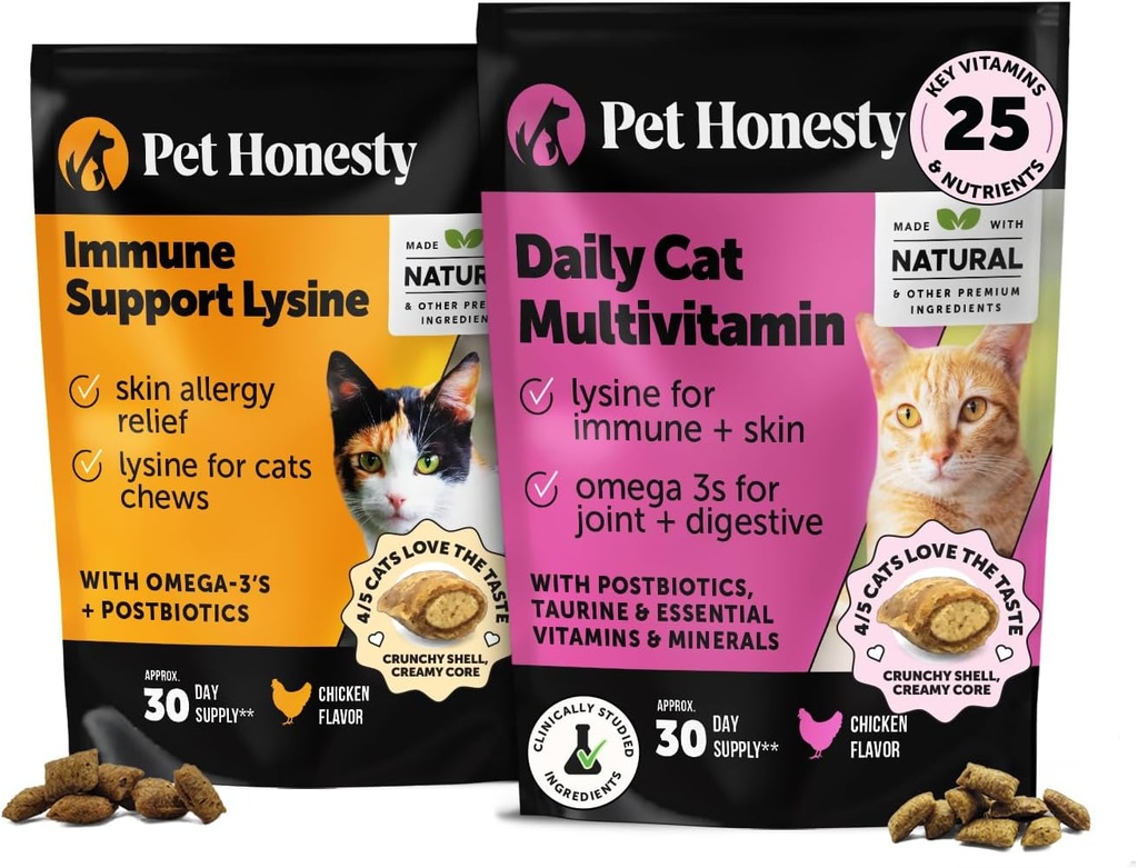 Cat Multivitaminer + immunforsvar Lysin Dual Texture Chew Supplement Bundle - Understøtter total immunsundhed, Joints, Hud & Coat, og Kat Allergi Relief - Nysen, Runny Næse