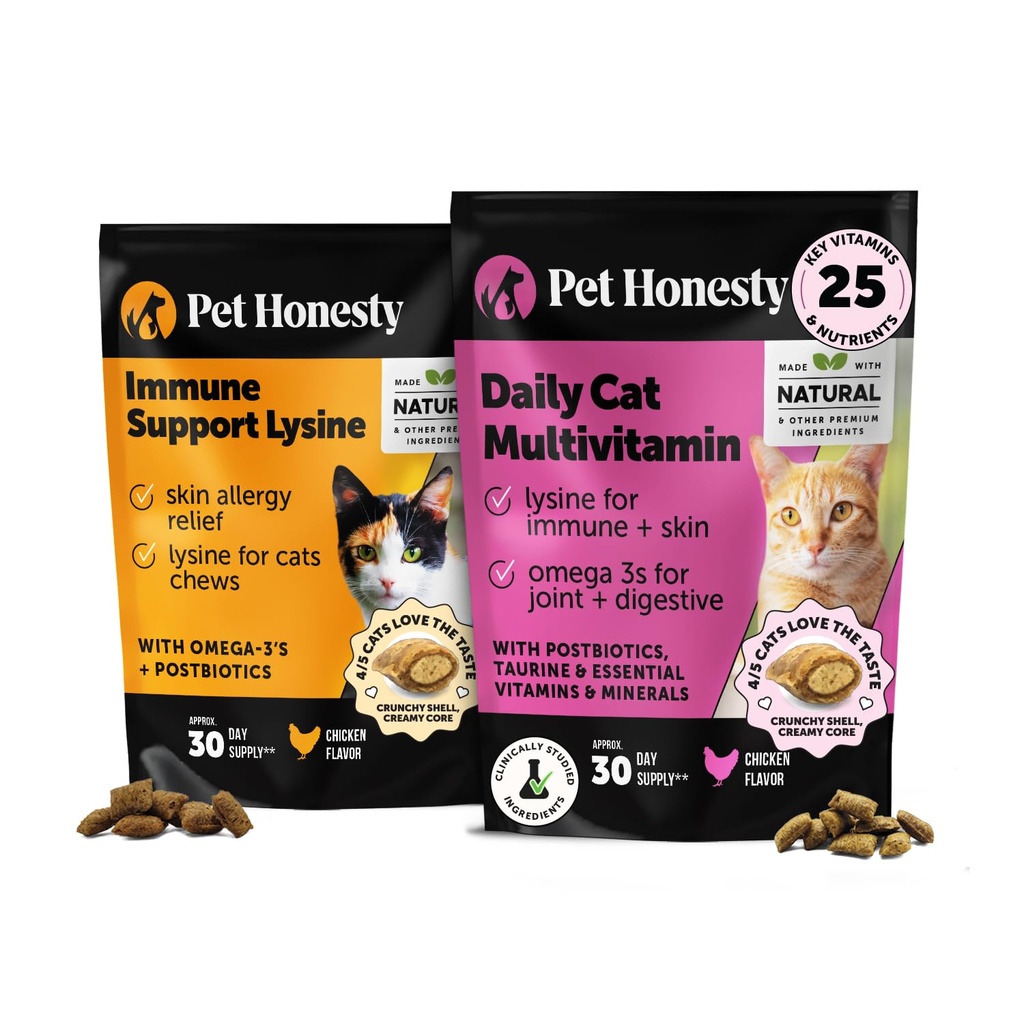 Cat Multivitaminer + immunforsvar Lysin Dual Texture Chew Supplement Bundle - Understøtter total immunsundhed, Joints, Hud & Coat, og Kat Allergi Relief - Nysen, Runny Næse