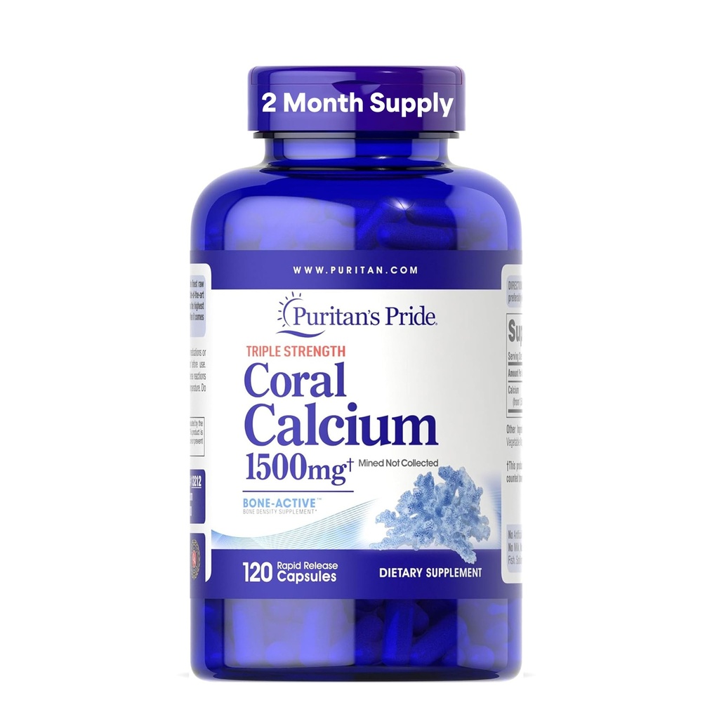 Puritans Pride Triple Strength Coral Calcium 1500mg med Bone- Active ™, Kosttilskud til hjerte, nerve og muskelstøtte, 2 måneders forsyning, 120 hurtige udløsningskapsler