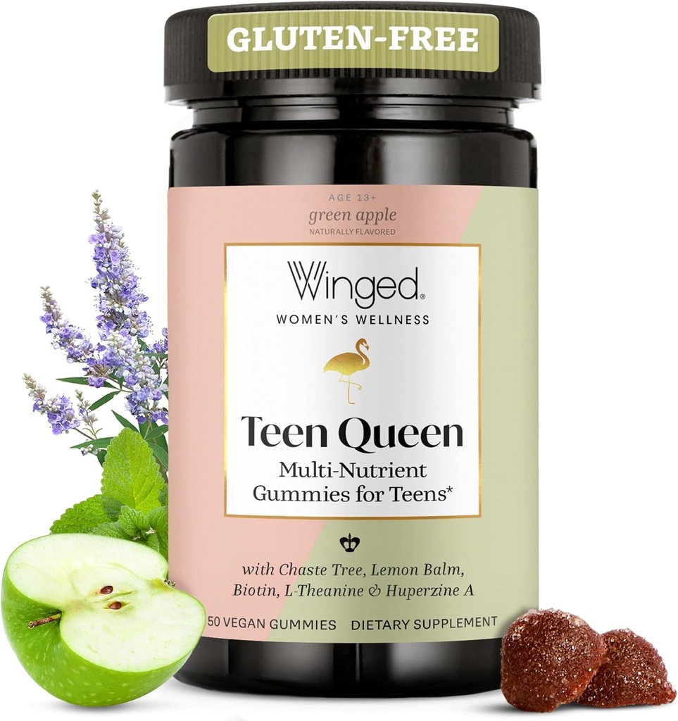 Vinged Wellness Multivitamin Gummies for Teen Girls - Teen Vitaminer for Mood & Hormonal Health - Vegan Gummy Supplement med Chaste Tree, Lemon Balm, L- Theanine, Probiotika & Biotin - 50 Gummies