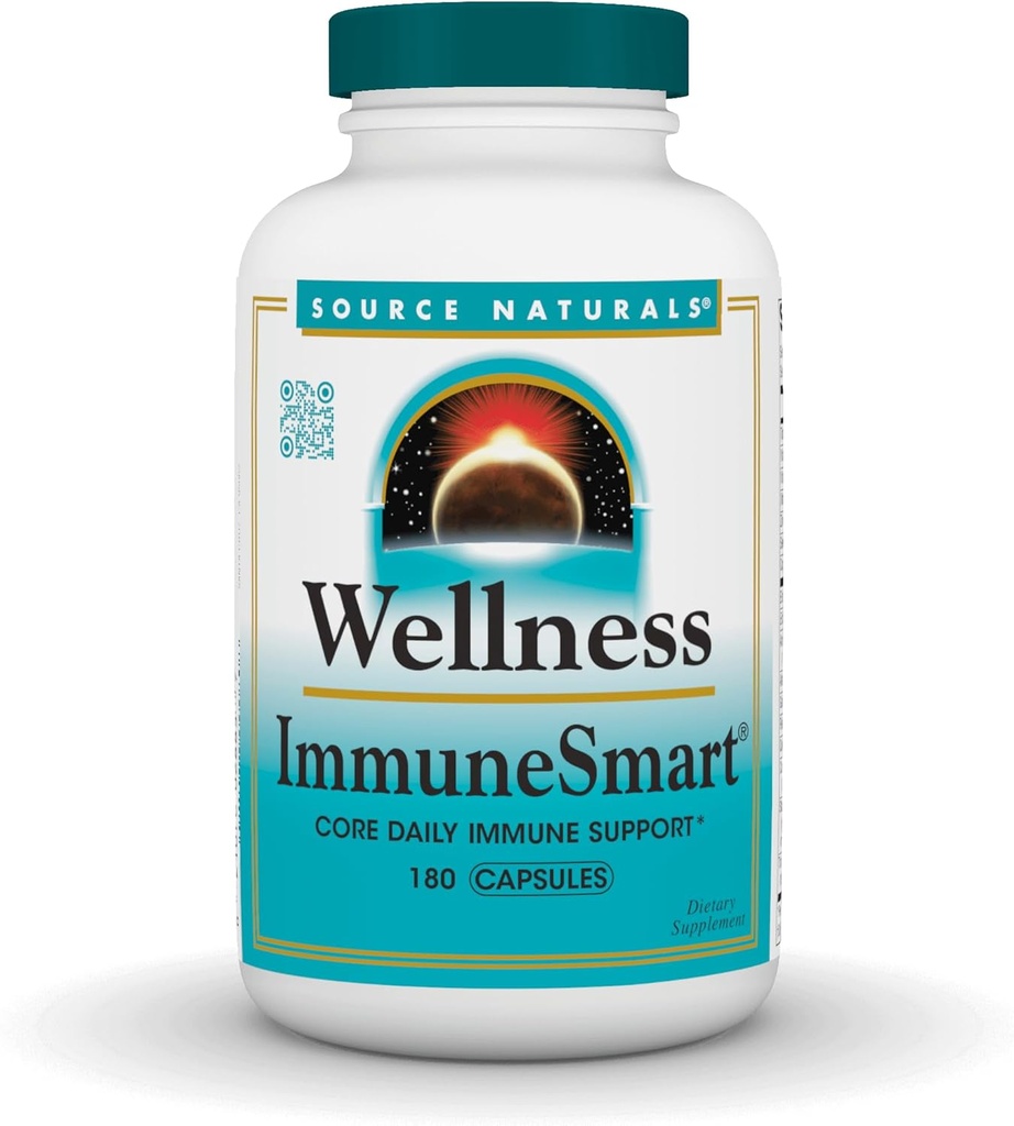Source Naturals Wellness ImmunieSmart - for Core Daily immunforsvar *, med Vitaminer A, C, og D, Zink, Elderberry, Echinacea, Andrograhis, Tyrkiet Hale og hvidløg - 180 kapsler