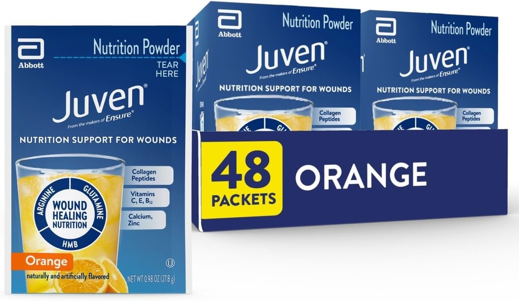 Juven Therapeutic Nutrition Drink Powder inkl. Collagen Peptider, Aminosyrer, og HMB for Sår Healing Support, Orange, 48 Pakker