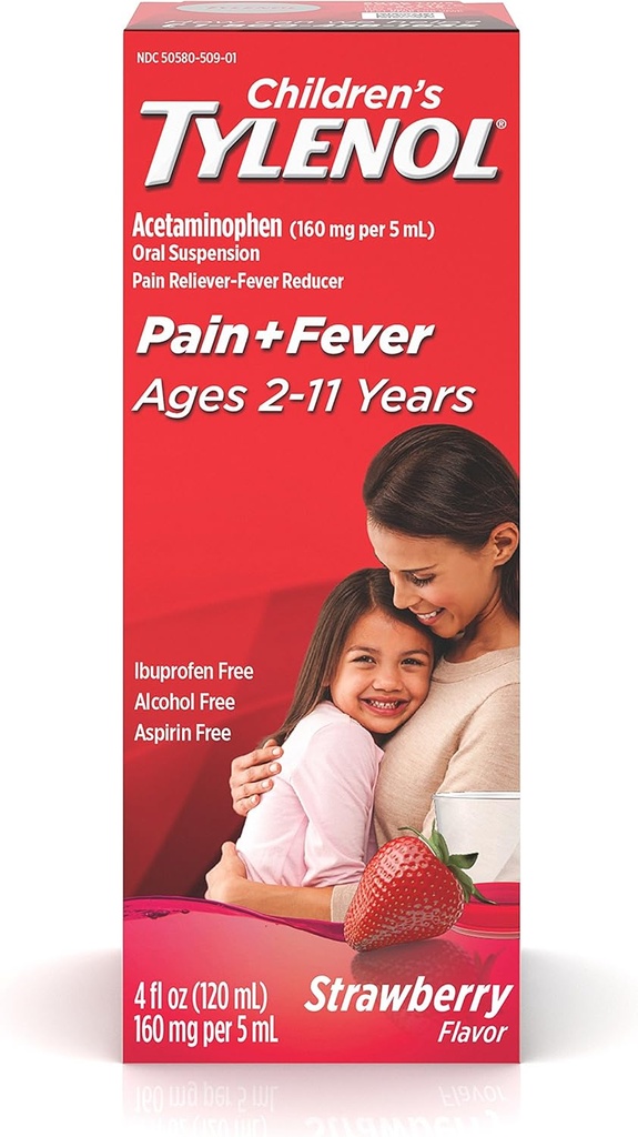 Børns Tylenol Oral Suspension Medicine, Kids 'Liquid Medicine Pain Reliever & Fever Reducer for Cold + Flu Symptomer, Aspirin-, Ibuprofen- & Alkohol- Gratis, Jordbær, 4 fl. oz