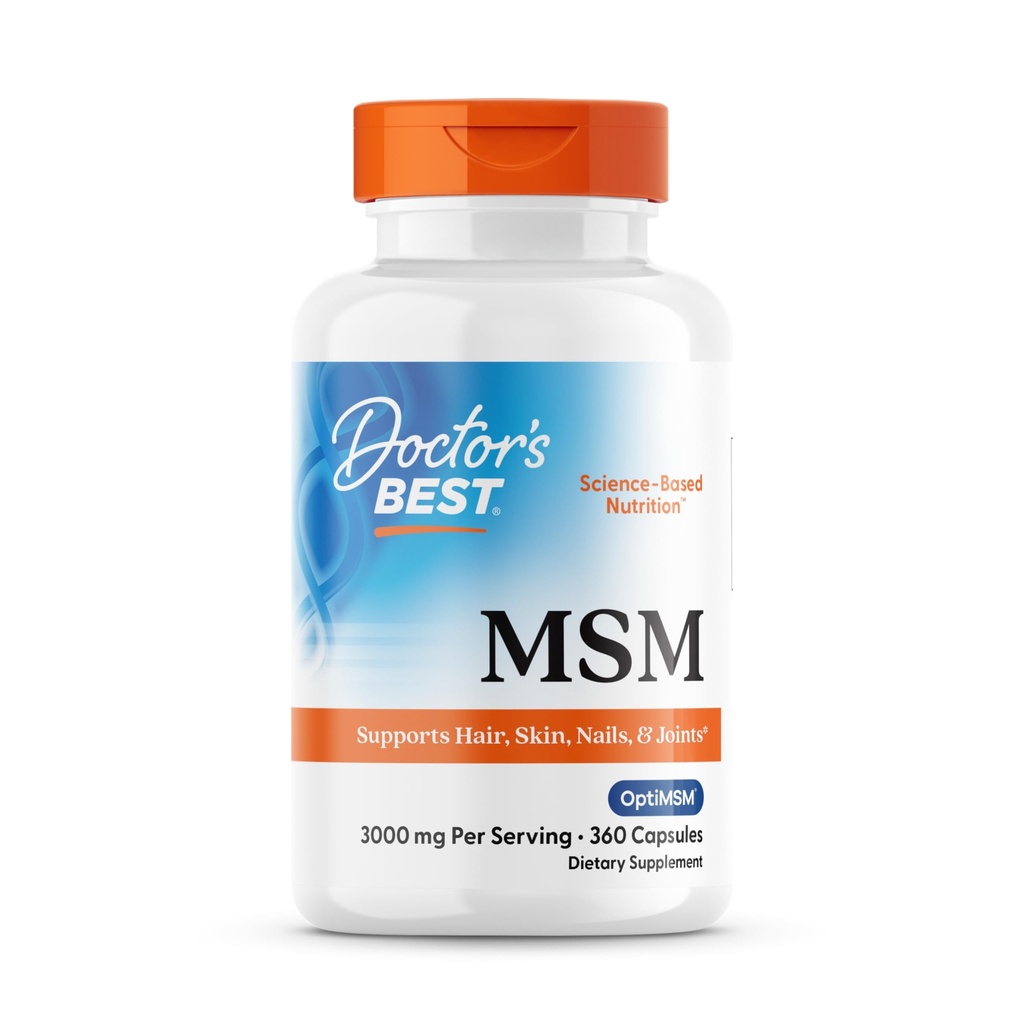 Doctor 's Best MSM, Understøtter hår, hud, negle, & Joints, Non- GMO, Gluten Free, 3000 mg Per Serving, 360 kapsler