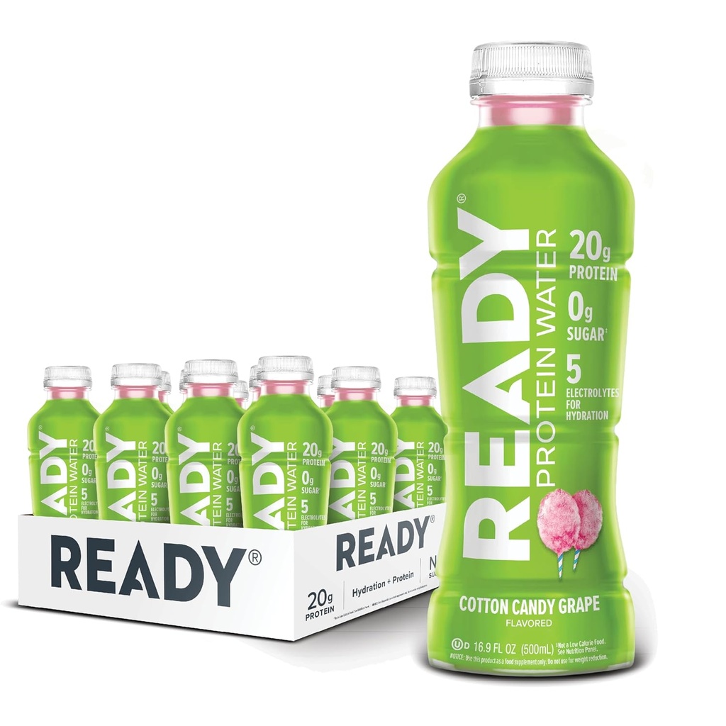 Ready ® Protein Water - 20g Whey Protein Isolate, Zero Sugar, Low- Calorie Sports Drikke til Hydration & Recovery - Elektrolytter, Essential Aminosyrer - Cotton Candy Grape, 16,9 fl oz Flasker (12-Pack)
