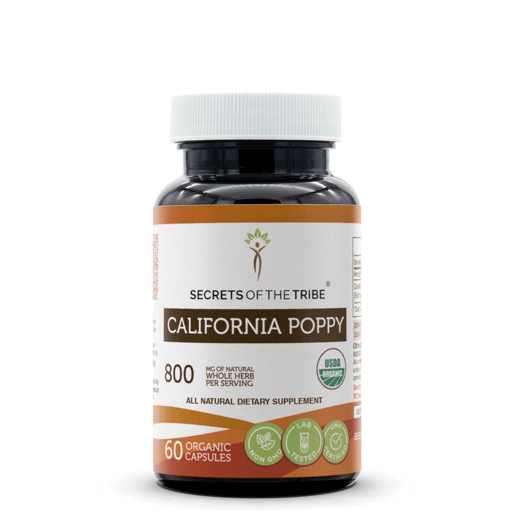 Secrets of the Tribe California Poppy USDA Organic 60 Capsules Measures 124; Lavet med vegetariske Kapsler og Certified Organic California Poppy (Eschscholzia Californica) Tørret urt og blomst (60 Kapsler)