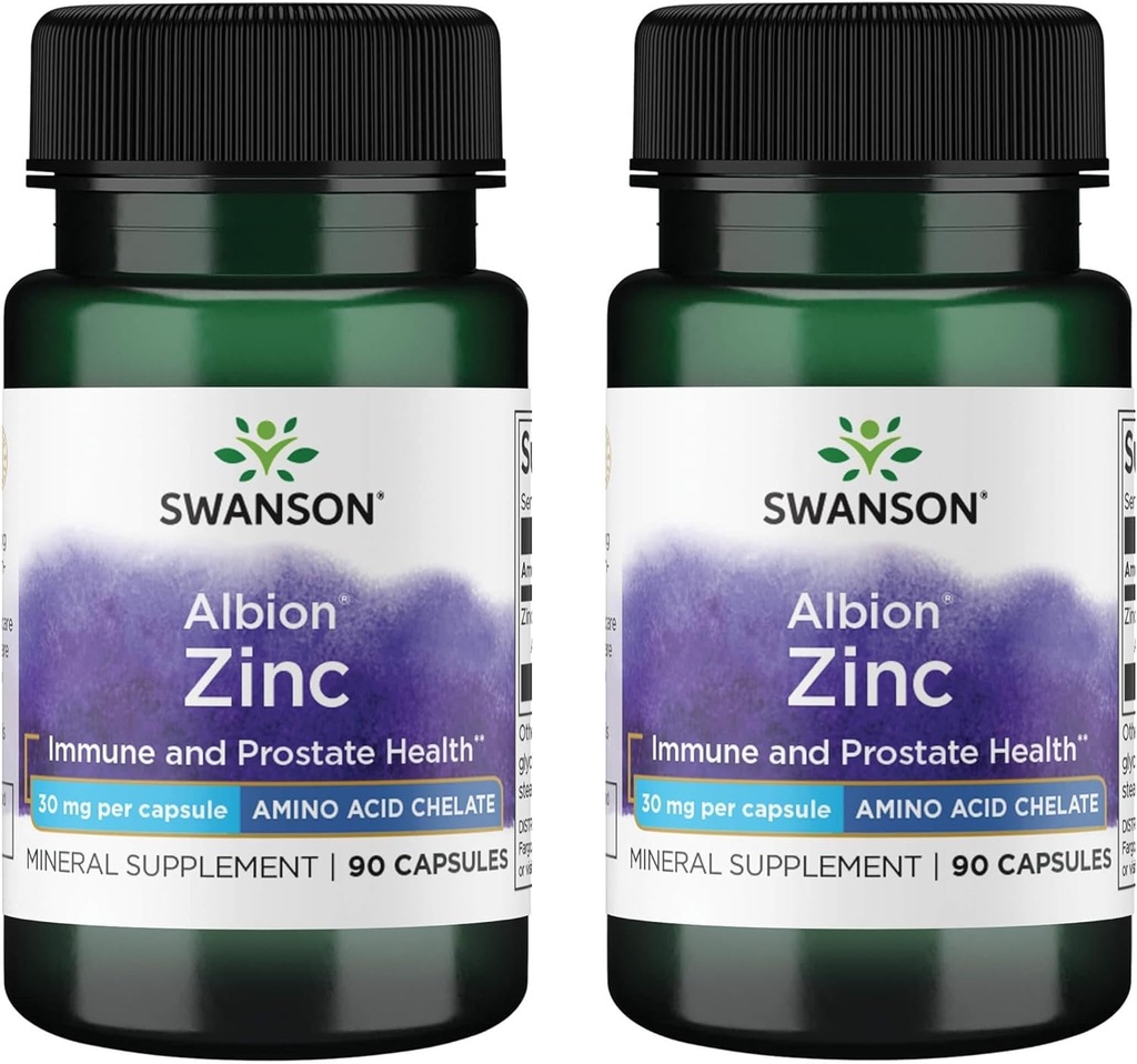 Swanson Albion Chelated Zink Glycinate 30 Milligram 90 Kapsler (2 Pack)