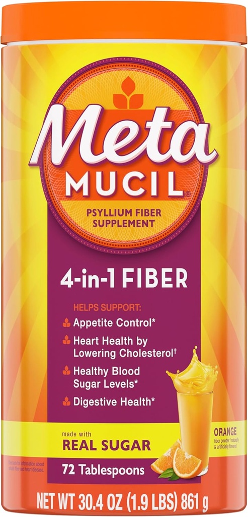 Metamucil 4- in-1 Psyllium Husk Fiber Supplement, Real Sugar, 72 spiseskefulde, Orange Flavored, Daglig Fiber Pulver til fordøjelse, lavet med Plant- Based Psyllium Husk Fiber