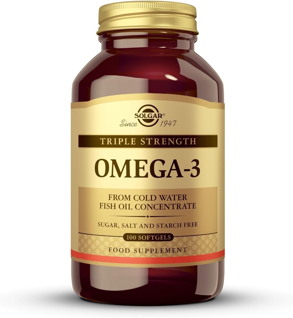 Solgar Triple Strength Omega-3 950 mg, 100 Softgels - Understøtter cardiovaskulær, fælles & hudsundhed - Heart Sunde Supplement - Væsentlige fedtsyrer - Ikke GMO, Gluten Free, Dairy Free - 100 Greve