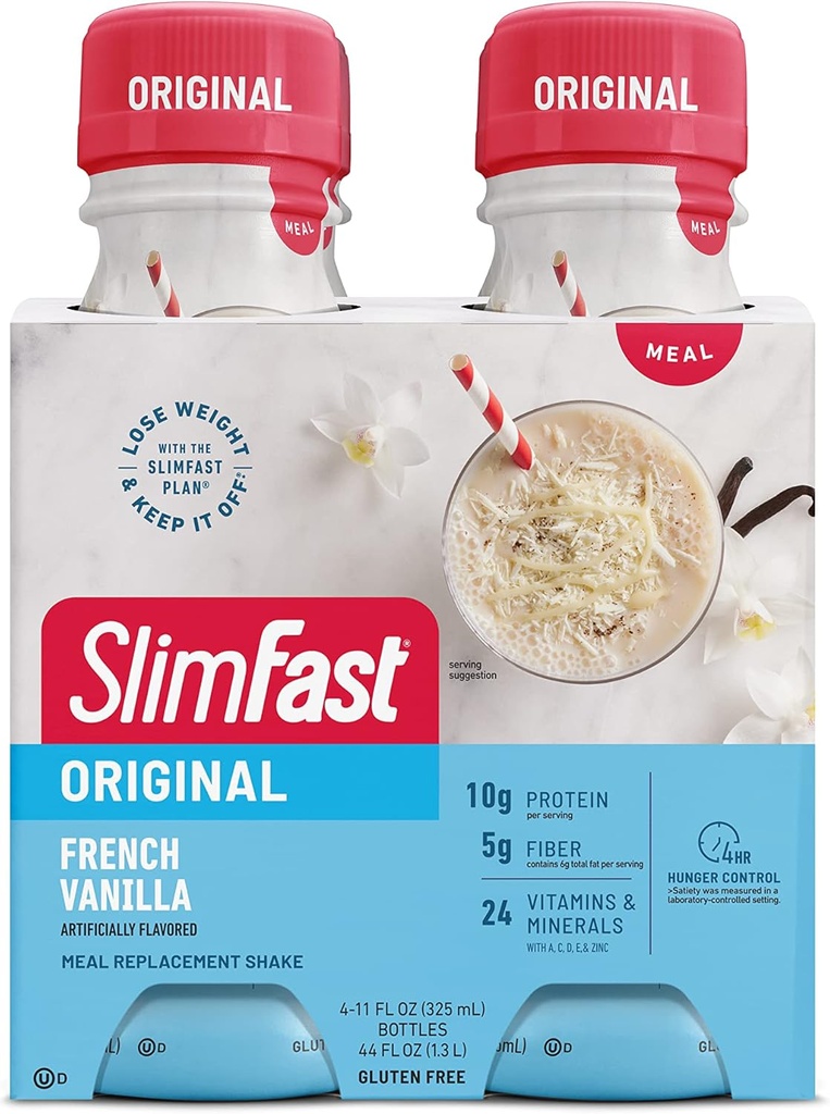 SlimFast Meal udskiftning Shake, Original Fransk Vanilla, 10g klar til at drikke protein til vægttab, 11 Fl. Oz Flaske, 4 Greve (Packaging May Vary)