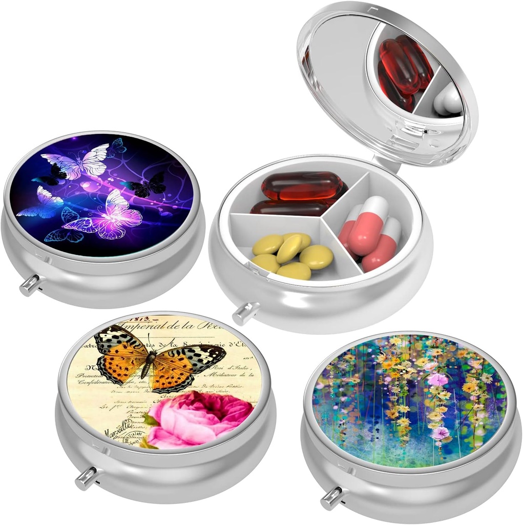 Cute Small Pill case for Pockets & Purses,Elegant Pill Box Makes a Great Gift,2 Compartment Travel Medicine Organizer Stores Progesterone,Capsule Pills, Ibuprofen, Vitamins, Earrings Back