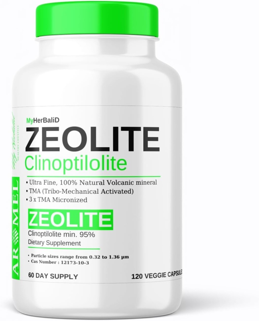 aromel zeolit pulver 120 Kapsler; Detox; 124; Clinoptilolit 95% • 124; 3X Aktiveret • 124; Natural Mineral Dust Less - Than 1 µm
