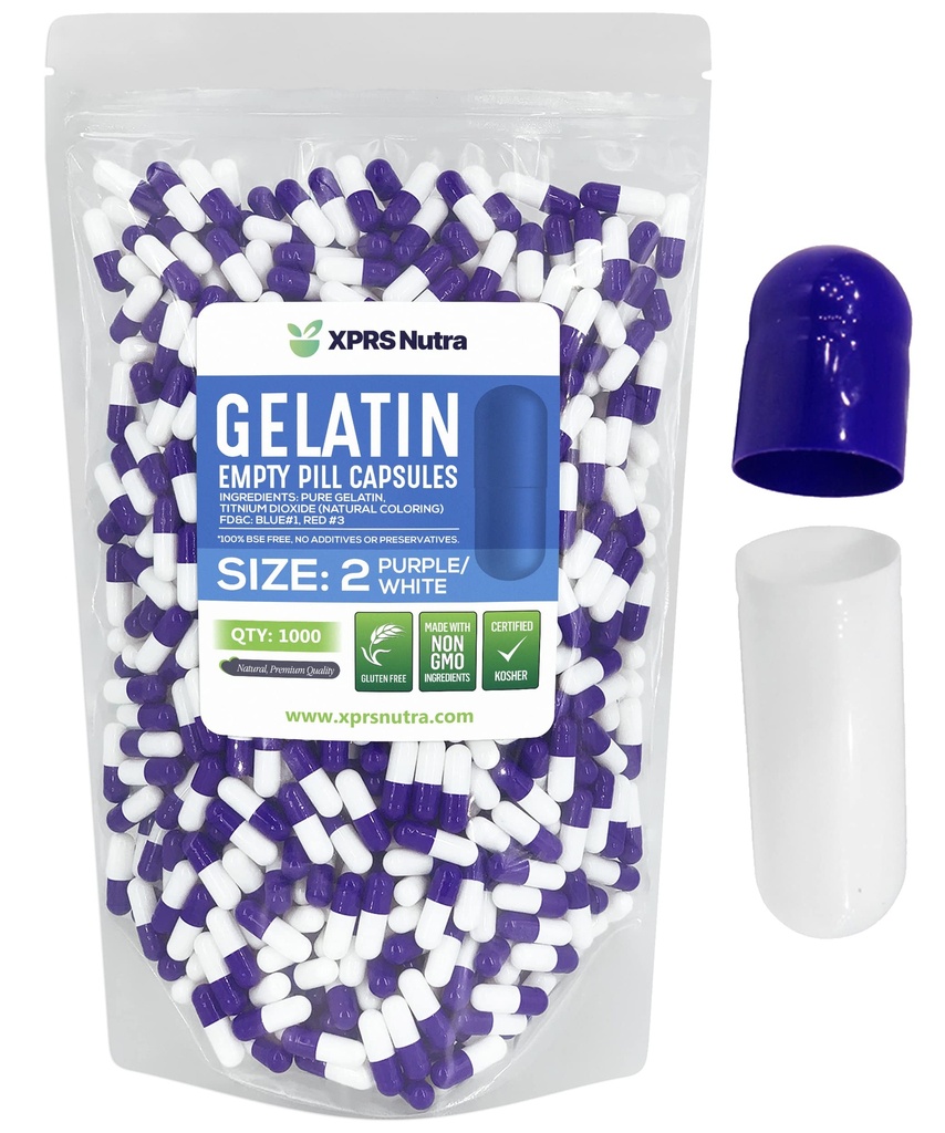 XPRS Nutra Size 2 Empty Capsules - 1000 Count Empty Gelatin Capsules - Pills DIY Capsule Filling - Pure Bovine Pill Gel Caps for Do-It-Yourself Supplements (Purple/White)