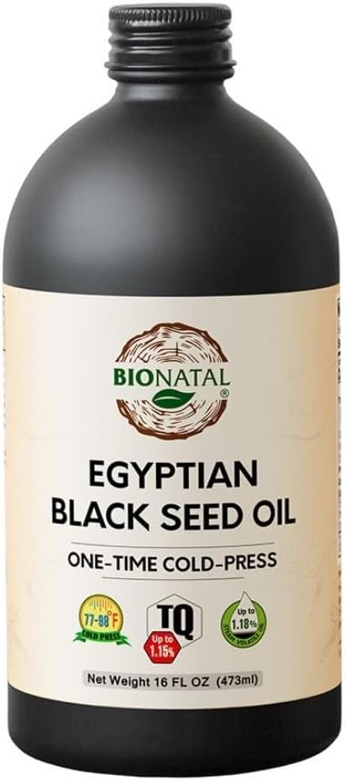 BioNatal Egyptian Black Seed Oil - Cold Pressed Nigella Sativa Producing Black Cumin Seed Oil, Uraffineret og ikke-filtreret, Høj TQ Op til 1,15% - Understøtter immunsystemet, fordøjelse & Joints 16oz Glas