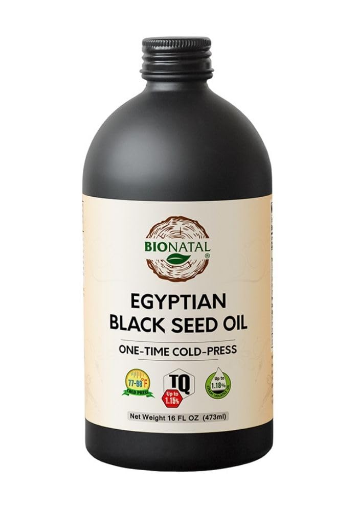 BioNatal Egyptian Black Seed Oil - Cold Pressed Nigella Sativa Producing Black Cumin Seed Oil, Uraffineret og ikke-filtreret, Høj TQ Op til 1,15% - Understøtter immunsystemet, fordøjelse & Joints 16oz Glas