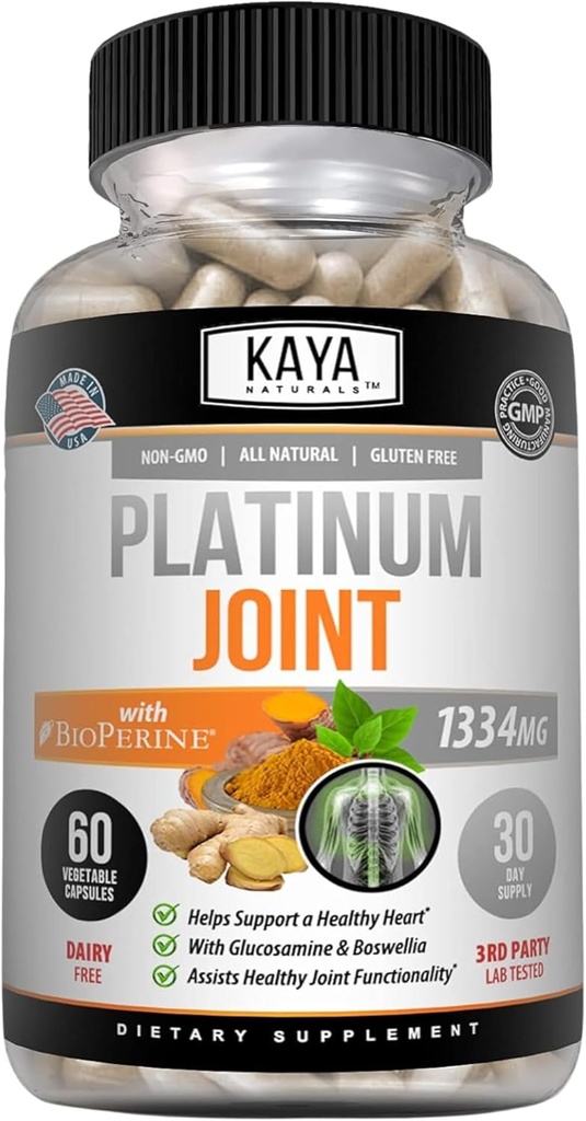 Kaya Naturals Platinum - Nature Made Bioperine, Glucosamin, Gurkemeje med Boswellia, Sunde Antioxidant Egenskaber, Gurkemeje 1334mg - 60 kapsler